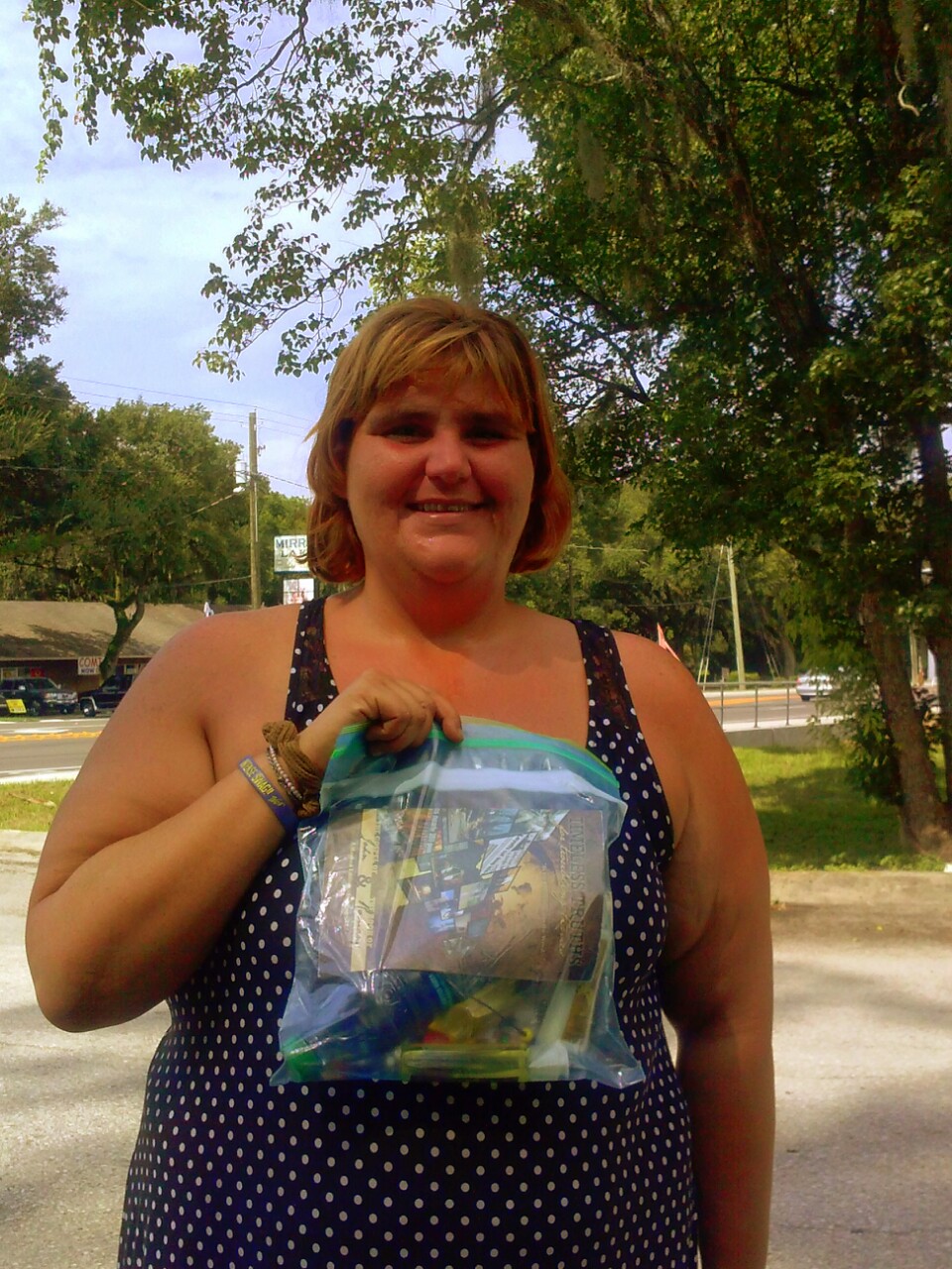 Woman with homeless care package in Mango/Seffner, FL.